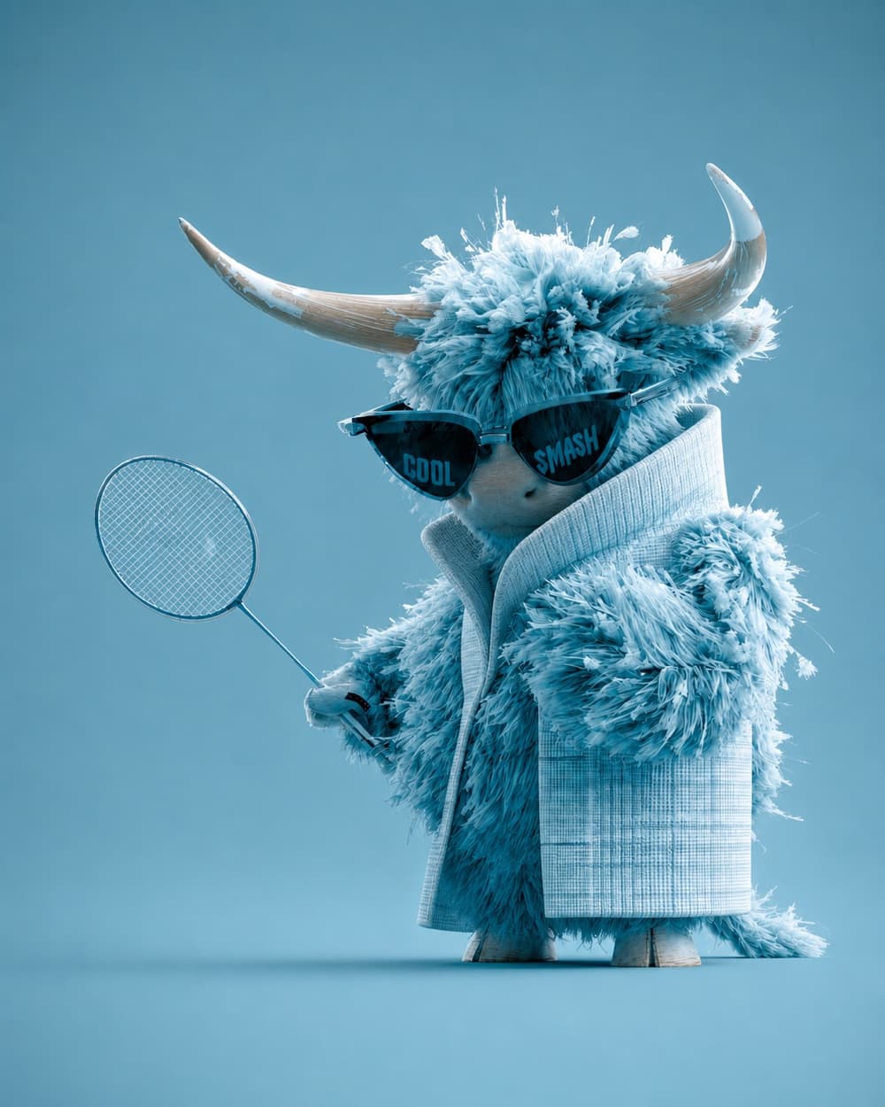 CoolSmash mascot holding a badminton racket