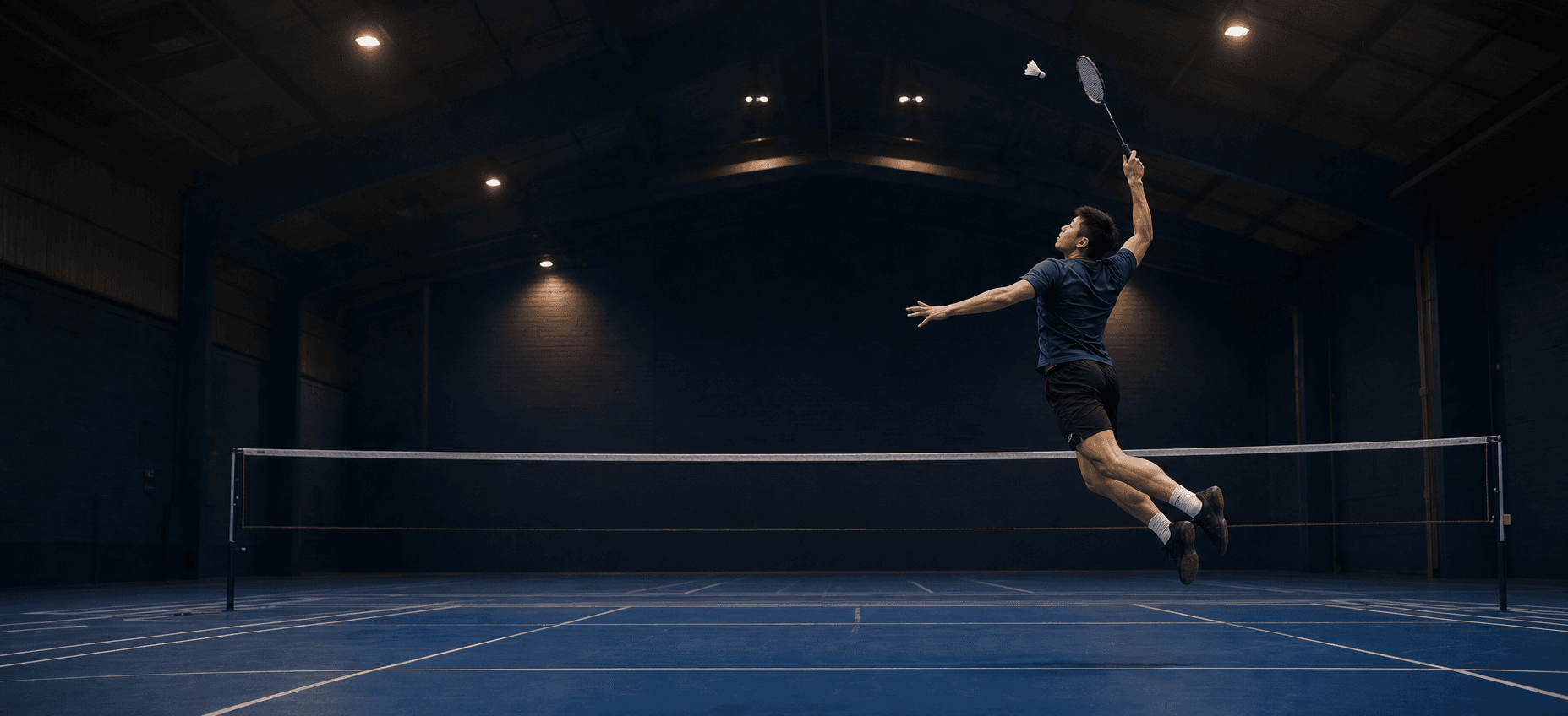 A badminton player performing a jump smash on a blue indoor court