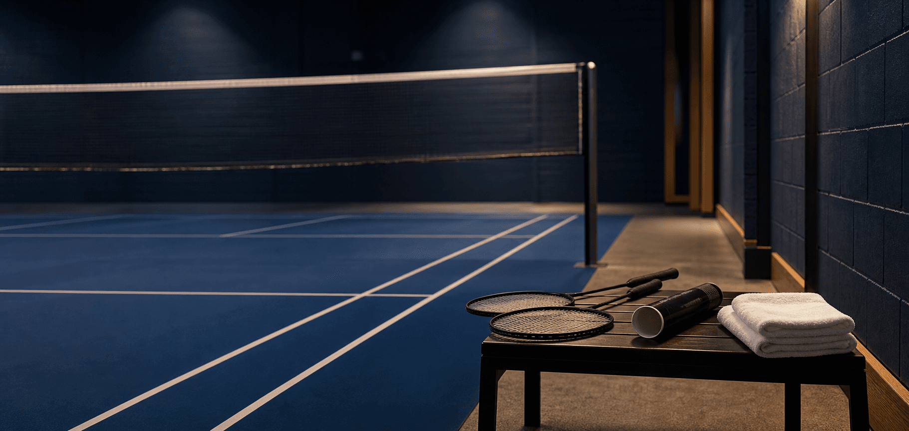 Badminton rackets and a shuttle tube waiting on a court-side bench beside a blue court